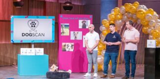 Dogscan GründerAli Bouklloua, Florian Wienen und Alexander Maßen präsentieren mit "Aki" „DOGSCAN“, die Lungenkrebsfrüherkennung mit Hilfe von Hunden. Sie erhoffen sich ein Investment von 500.000 Euro für 10 Prozent der Firmenanteile. Foto: RTL / Bernd-Michael Maurer