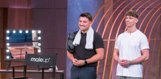 maleup Gründer Esad Alper (l.) und Joel Selzener präsentieren mit „maleup“ den Concealer für Männer. Sie erhoffen sich ein Investment von 150.000 Euro für 10 Prozent der Firmenanteile. Foto: RTL / Bernd-Michael Maurer