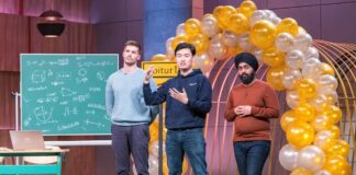 RocketTutor Gründer V.l.: Lionel Rühlemann, Yue Wu und Komaldeep Chahal präsentieren die KI-Mathenachhilfe „RocketTutor“. Sie erhoffen sich ein Investment von 400.000 Euro für 4,2 Prozent der Firmenanteile. Foto: RTL / Bernd-Michael Maurer