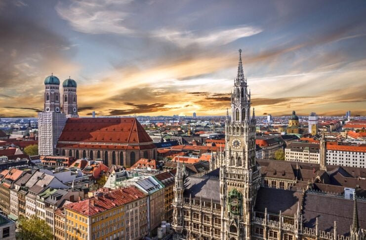 TUM Munich sunset panoramic architecture, Bavaria, Germany. Frauenkirche and town hall on Marienplatz