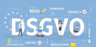DSGVO Grafik in Hellblau und Digitalen Personen darauf und dem Schriftzug in Weiss DSGVO