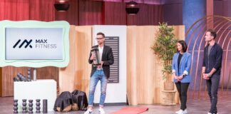max fitness Faszienrolle Oya Hertfelder und Christian Müller präsentieren mit „Max Fitness“ eine Faszienrolle die nicht wegrollt. Ex-Skispringer Sven Hannawald (r.) unterstützt sie bei dem Pitch. Sie erhoffen sich ein Investment von 240.000 Euro für 20 Prozent der Firmenanteile. Foto: RTL / Bernd-Michael Maurer