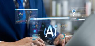 Unternehmen Person am Schreibtisch mit Laptop und Virtuellem AI desktop!