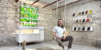 LIROGA indoor pflanzen Gründer Stefan Kuhnert vor Indoor-Garten im hängestuhl sitzend