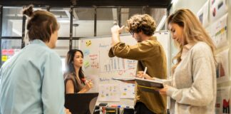 StartupPräsentation einer Gruppe junger kreativer Geschäftsleute bei einem Brainstorming-Meeting, Diskussion des Fahrplans zur Produkteinführung, Planung, Strategie, Entwicklung neuer Geschäftsfelder, Arbeit an einem neuen Startup-Projekt im Büro.