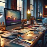 Amazon KDP 2025: Low Content Bücher erfolgreich verkaufen amazon kdp 2025 buecher low content Schreibtisch mit Büchern und Imac im Hintergrund sind Fenster zu sehen