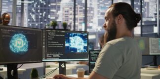 ki tools chatgpt startups einsatz Startup Mitarbeiter der am Computer mit einer Künstlichen Intelligenz arbeitetr