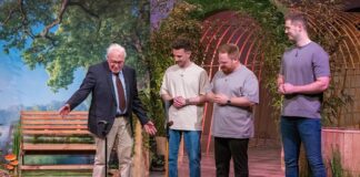 Revolution im Alltag: Eine smarte Lösung für mehr Sicherheit und Selbstständigkeit STEETS Abstellhilfe für Gehstützen - Sicherheit im Alltag. V.l.: Phil Janßen, Philipp Battisti und Thorben Engel präsentieren „STEETS“, die Abstellhilfe für Gehstützen. Sie erhoffen sich ein Investment von 300.000 Euro für 15 Prozent der Firmenanteile. Phils Großvater Heinz Schlechtingen unterstützt die drei bei ihrem Pitch. @ RTL / Bernd-Michael Maurer