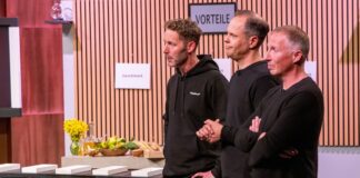 Dr. Fabio Labriola, Malte Zeeck und Philipp von Plato präsentieren mit „Precision“ Milch ohne schlechte Inhaltsstoffe. Sie erhoffen sich ein Investment von 500.000 Euro für 8 Prozent der Firmenanteile. Bild@ RTL / Bernd-Michael Maurer