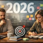 2026 Zeit zum Resümieren und neu fokussieren 2026 Gründerinnen und Gründer setzen Fokus genieriert mit ChatGPT Frau und Mann am Tisch sitzend