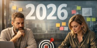 2026 Zeit zum Resümieren und neu fokussieren 2026 Gründerinnen und Gründer setzen Fokus genieriert mit ChatGPT Frau und Mann am Tisch sitzend