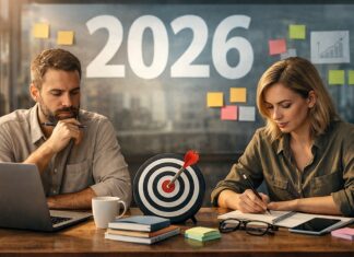 2026 Zeit zum Resümieren und neu fokussieren 2026 Gründerinnen und Gründer setzen Fokus genieriert mit ChatGPT Frau und Mann am Tisch sitzend