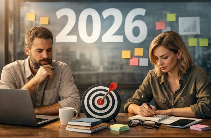 2026 Gründerinnen und Gründer setzen Fokus genieriert mit ChatGPT Frau und Mann am Tisch sitzend