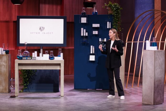 After Inject Anti Aging Hautpflege Routine Effekt Laura Valentin präsentiert mit „After Inject“ Hautpflege mit naürlichem Botox-Effekt. Sie erhofft sich ein Investment von 200.000 Euro für 10 Prozent der Firmenanteile. Bildcredits/ Fotograf: RTL / Stefan Gregorowius