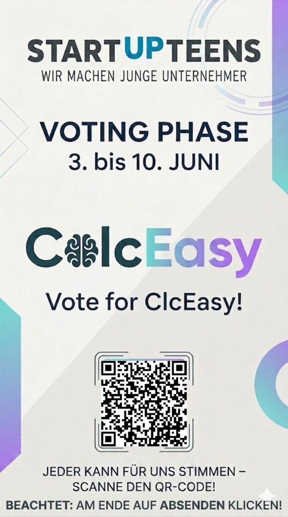 ClcEasy stärkt Kopfrechnen und Mathe bei Schülern  StartupTeens Voting ClcEasy poster