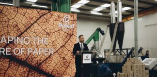 Releaf Paper Founder Alexander Sobolenko on stage with a presentation about Releaf Paper how it works!