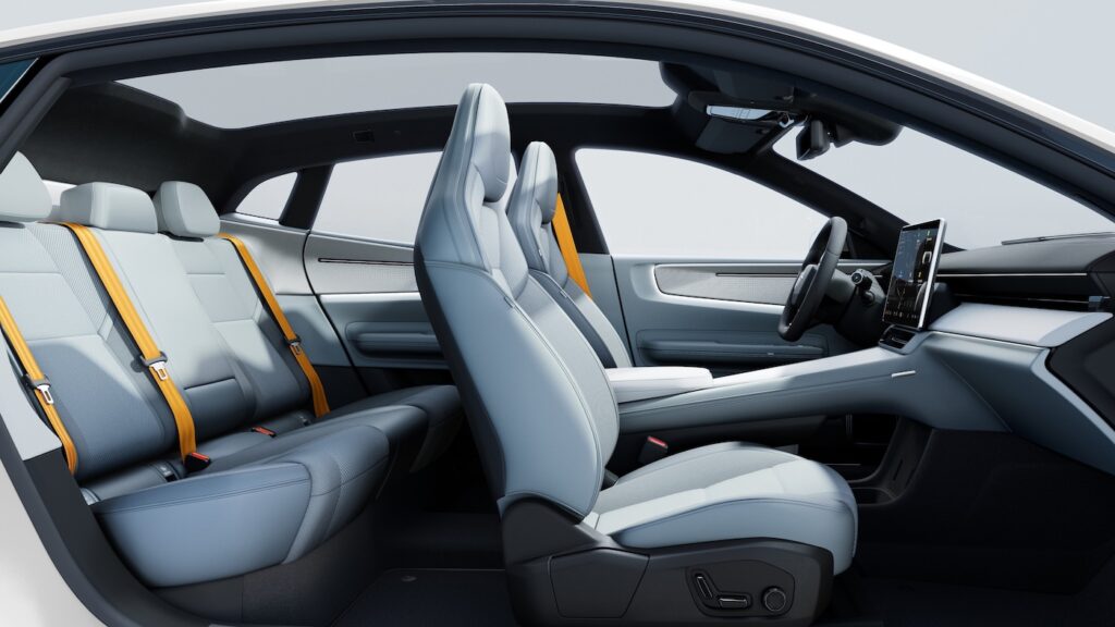 Inside a Polestar Vehicle from the right side you see the seats, Dashboard and Steering wheel!