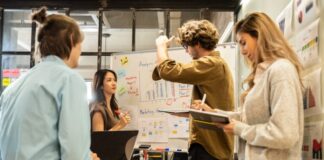 Startup Founder Team in the Office on a White Board to build a Business Company
